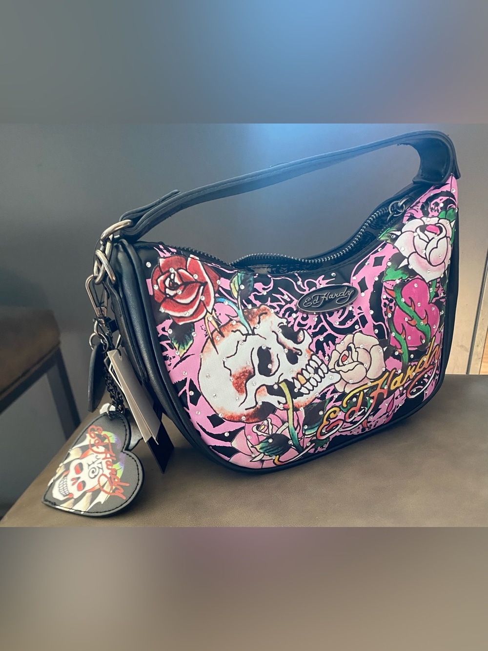 Ed Hardy Y2K slouchy Skull & Rose Crystal Studded Hobo Shoulder bag